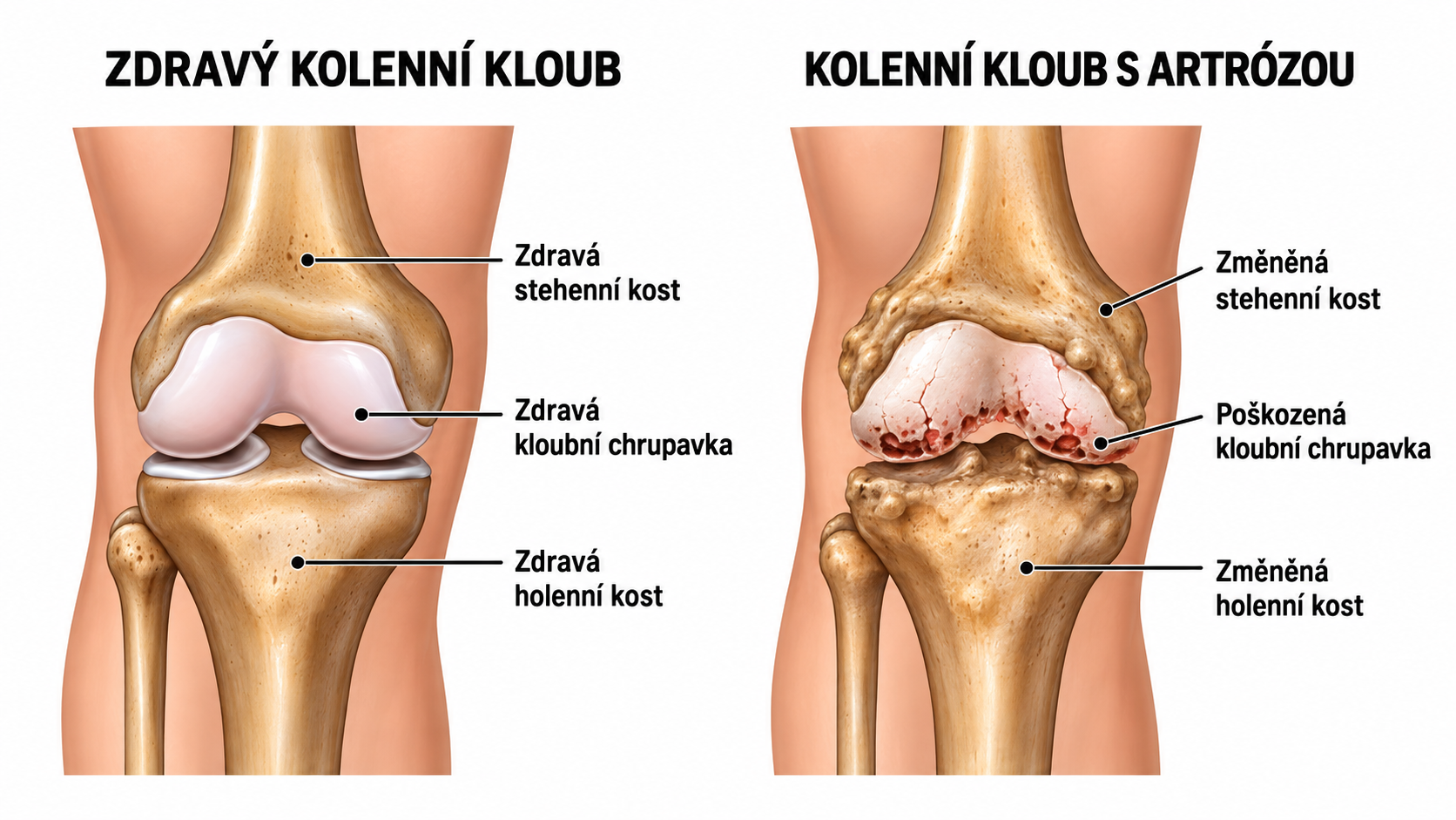 Ilustrační srovnání zdravého kolenního kloubu a kloubu s artrózou s českými popisky